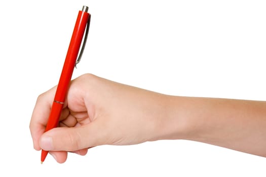 hand with red pen. isolated on white background.