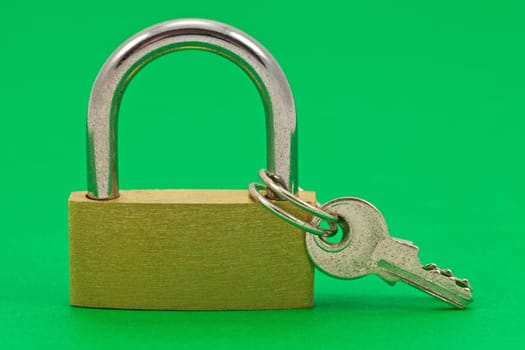 padlock with keys, isolated on green background
