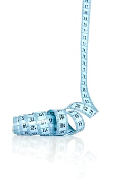 blue measure tape with reflection on white background