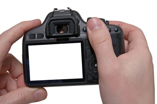 hands holding digital photo camera. isolated on white background