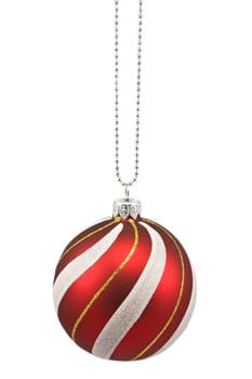 hung striped christmas bauble on white background