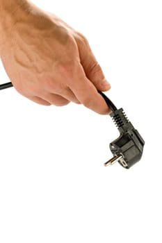 Hand with plug isolated on white background