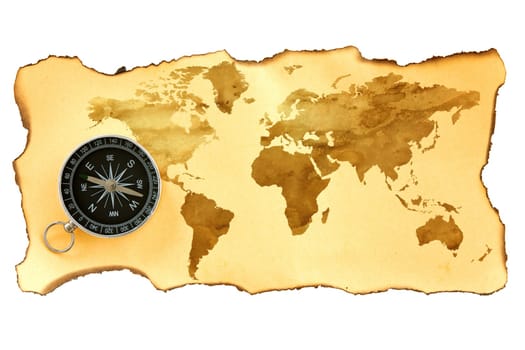 Old map with compass isolated on white background