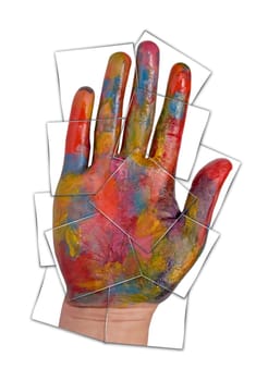 colorful painted human hand. photo collage over white