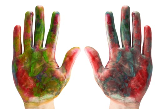 two painted hands isolated on white background