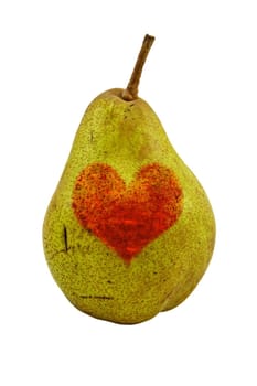 green pear with a red heart shape. Isolated on white