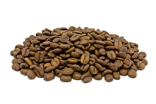 pile of roasted coffee beans over white background