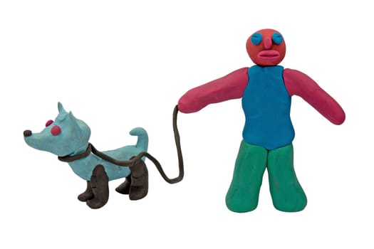 plasticine man with a dog. isolated on white