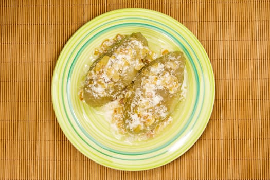 plate with potato dumplings on a bamboo tablecloth