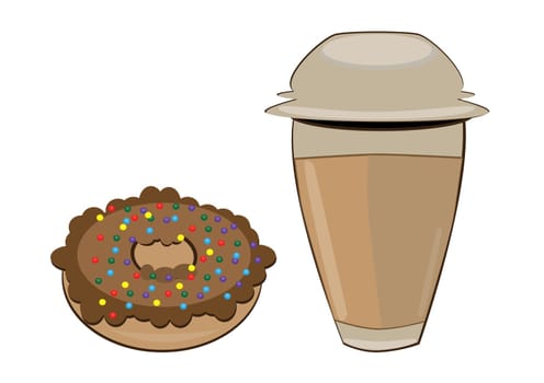 Coffee in a styrofoam cup and donut. Vector illustration on white background