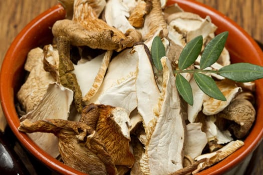 a bowl of dried mushrooms on wooden table
