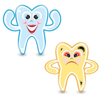 Cartoon healthy and diseased tooth. Illustration on white background