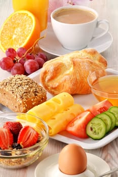 Breakfast with coffee, rolls, egg, orange juice, muesli and cheese