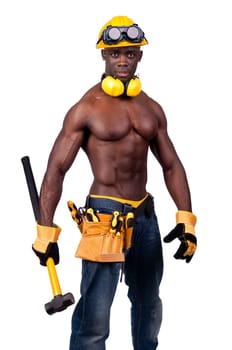 Strong build black construction worker with big hammer isolated in white