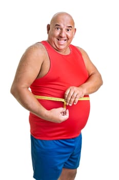Large fitness man with measuring tape isolated in white