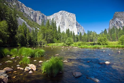 view to western rocket plateau of yosemite national park seen from beautiful Merced river