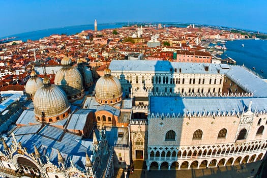 overlooking the beautiful city and old palaces of venice with the laguna from the Markus tower