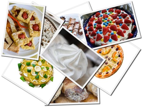 Cake, photo collage on white background