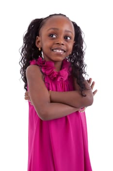 Little african girl with folded arms, isolated on white background