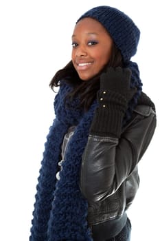 Young african american woman wearing winter dress