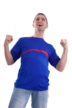 Excited football fan watching sport isolated on white background