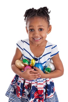 Little african american girl holding chocolate easter eggs, isolated on white background