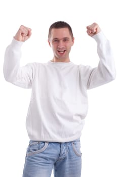 Excited football fan watching sport isolated on white background