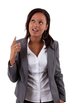 Surprised african american business woman looking up, isolated on white background