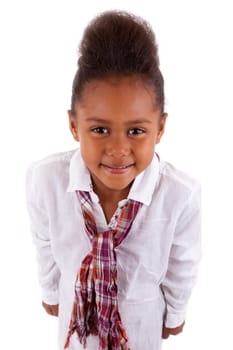 Cute little African Asian girl looking up,  over white background