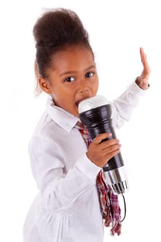 Cute little African Asian gir singing,  over white background