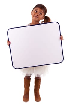 Cute little african american girl holding a whiteboard, isolated on white background