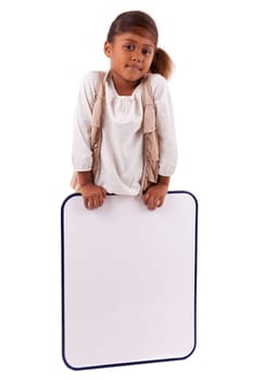 Cute little african american girl holding a whiteboard, isolated on white background