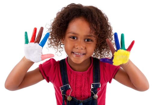 Little African Asian girl with hands painted in colorful paints
