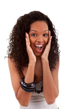 Closeup portrait of a surprised young black woman