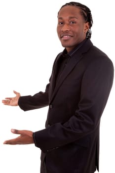 African American Businessman with arm out in a welcoming gesture , isolated on white background
