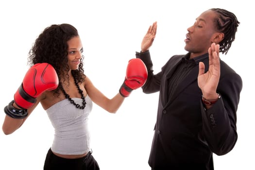 Young black woman and men boxing
