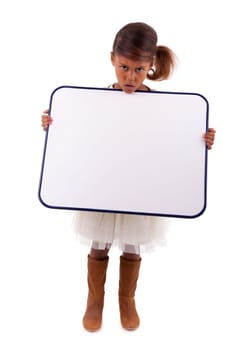 Cute little african american girl holding a whiteboard, isolated on white background