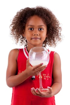 Cute little African Asian girl drinking milk,  over white background