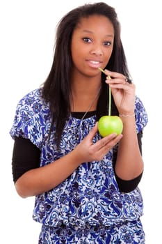 young black woman drinking apple juice, isolated on white background