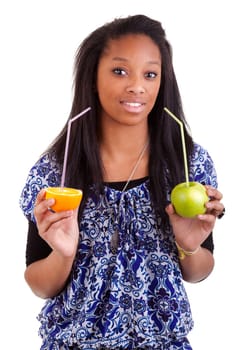 Young black girl holding fruits, isolated on white background