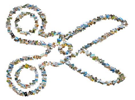 Scissor symbol, photos collage isolated on a white background