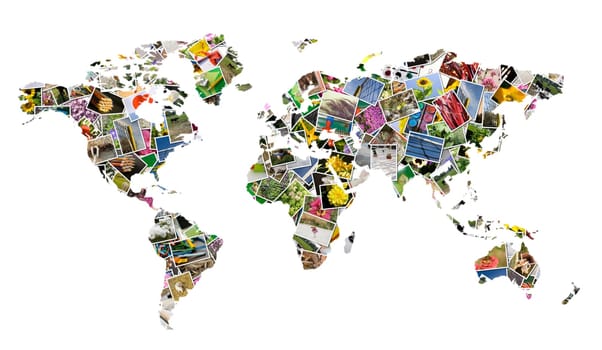 World, photo collage on white background