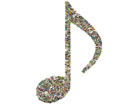 Musical note sign, photo collage isolated on a white background