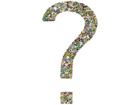 Question sign, collage photos isolated on a white background