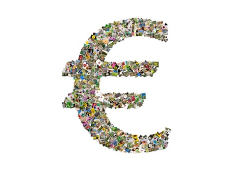 Collage of photos of Euro symbol on white background