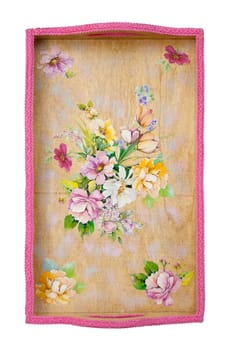 Wooden tray decorated with decoupage on white