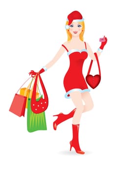 Christmas girl with shopping bags, vector illustration