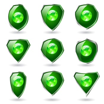 Shields. Earth web button isolated on a background. Green design.