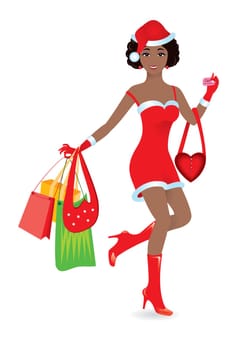 Happy shopping girl on white background. Vector illustration.