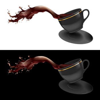 Vector illustration of coffee splashing out of a mug. Black design.